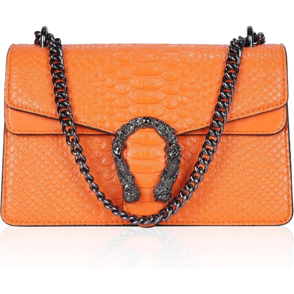 ⚡ Women's Orange Snake Vegan Leather Print Casual Satchel Crossbody Handbag